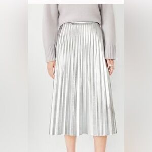 Ann Taylor Metallic Shiny Silver Pleated Midi Skirt with flare bottom
